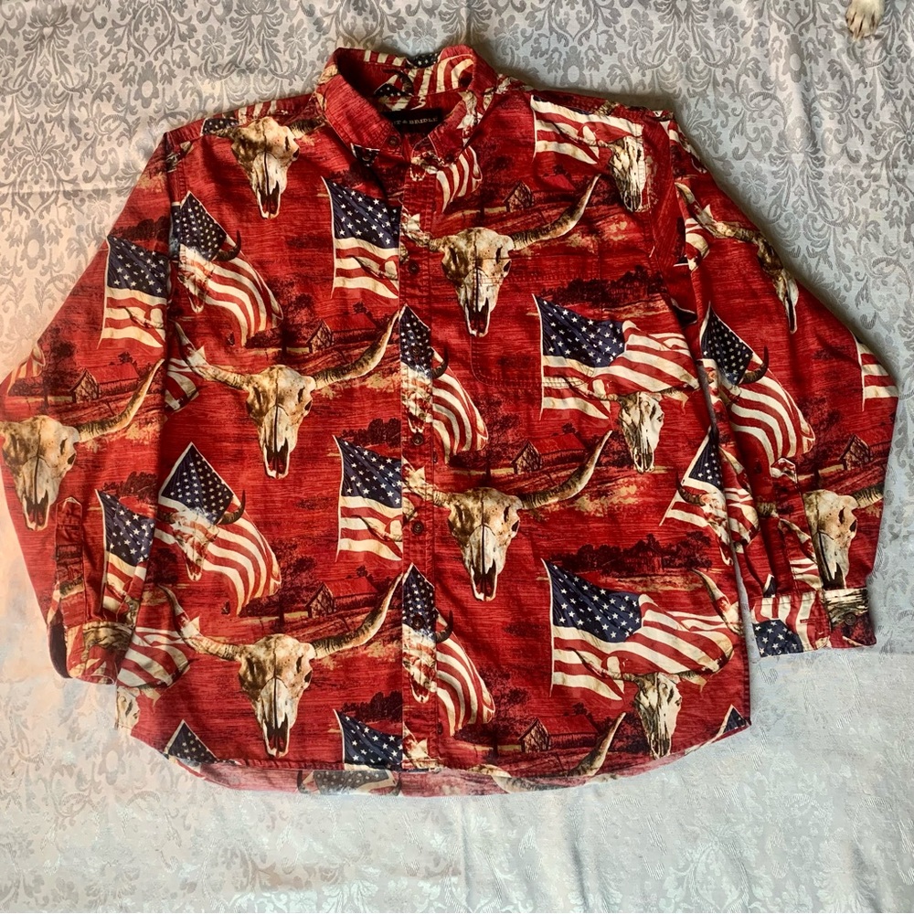Bit and Bridle Long Sleeve Button Down Shirt Men's XL Americana Longhorn Flags